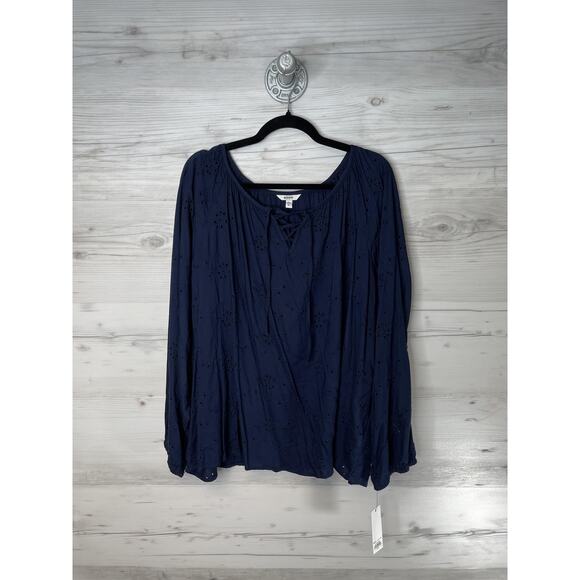 Sonoma Goods For Life Shirt Womens XL Navy Lace Up Peasant Eyelet - Picture 1 of 11
